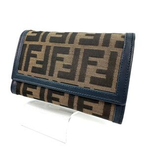FENDI Wallet Trifold Purse Zucca Leather Brown/ Navy Authentic